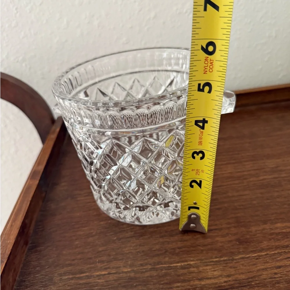 Vintage Crystal Glass Ice Bucket Barware Handles Diamond Waffle Pattern 5
